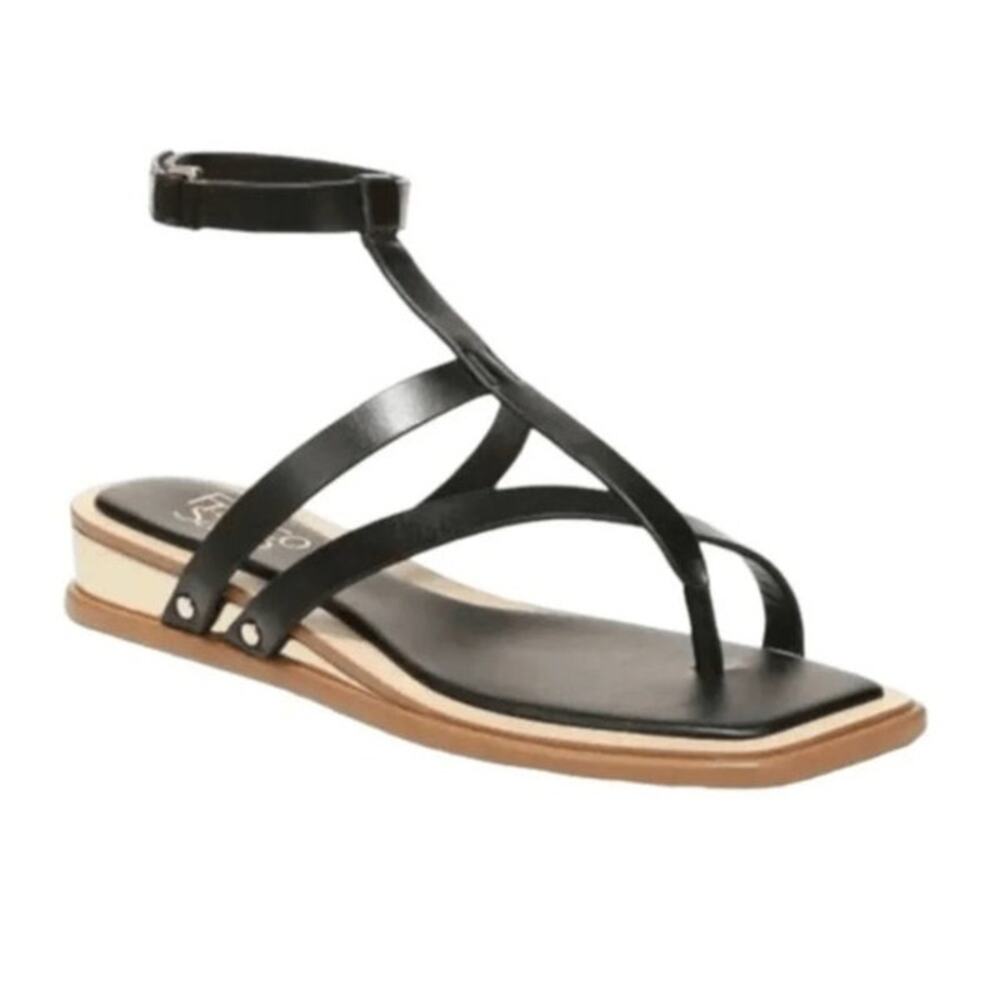 Franco Sarto Sybil Sandals Strappy Faux Leather Wedge Heel Black NWT Size 7